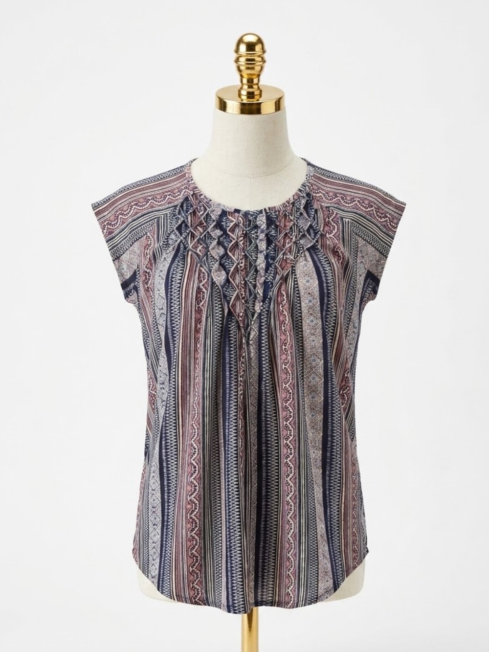 Premise Geometric Stripe Pintuck Pleated Cap Sleeve Boho Blouse Small